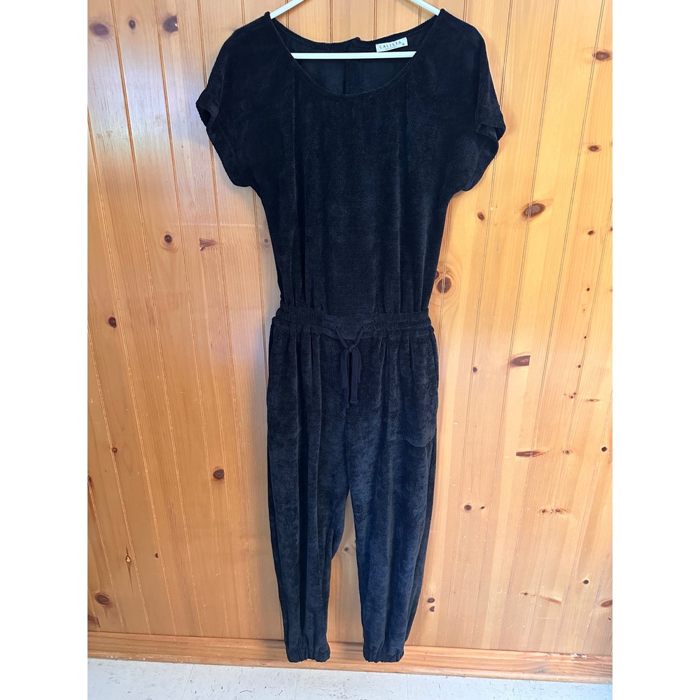 Calista Black Textured Knit Open Back Jogger Jumpsuit M Short Sleeve‎